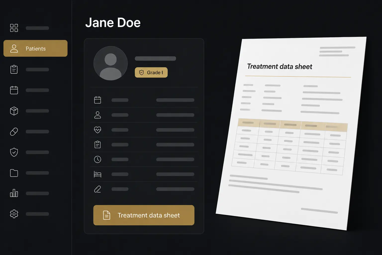 Patient profile with PDF treatment data sheet export